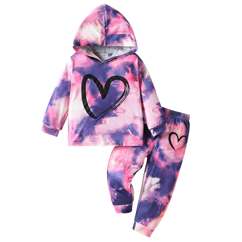 Toddler Baby Girls Clothes Long-sleeve Tie Dye Hoodie Pullover and Sweatpants Heart Print Hooded Outfits Set