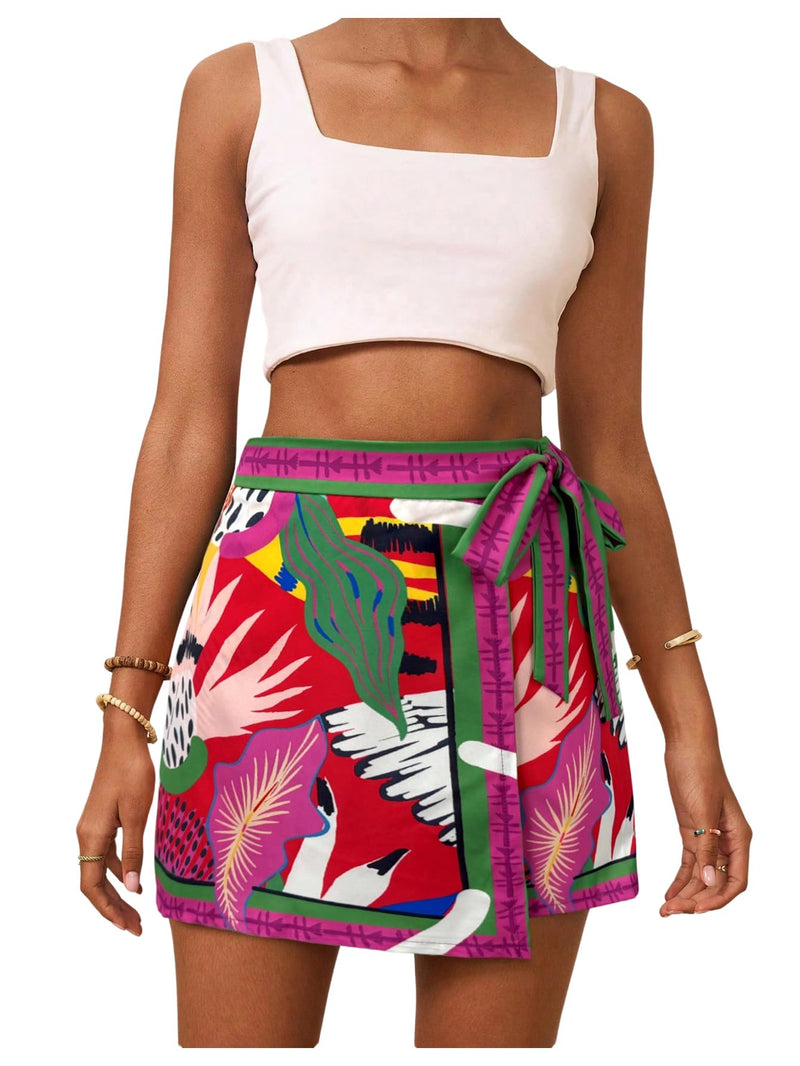 MAKEMECHIC Women's Summer Boho Wrap Mini Skirt Beach Vacation Short Skirts
