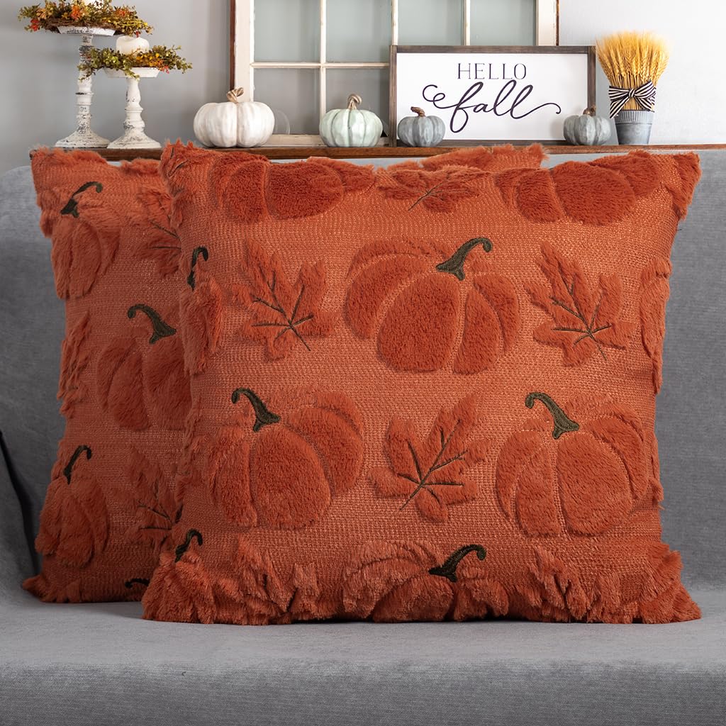 4TH Emotion Fall Pumpkins Leaves Decorative Pillow Covers 18"x18" Set of 2, Beige Soft Plush Faux Fur Throw Cushion Cases for Autumn Thanksgiving Holiday Home Decorations