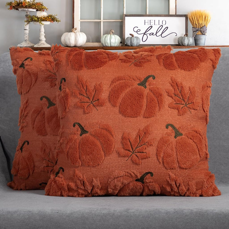 4TH Emotion Fall Pumpkins Leaves Decorative Pillow Covers 18"x18" Set of 2, Beige Soft Plush Faux Fur Throw Cushion Cases for Autumn Thanksgiving Holiday Home Decorations