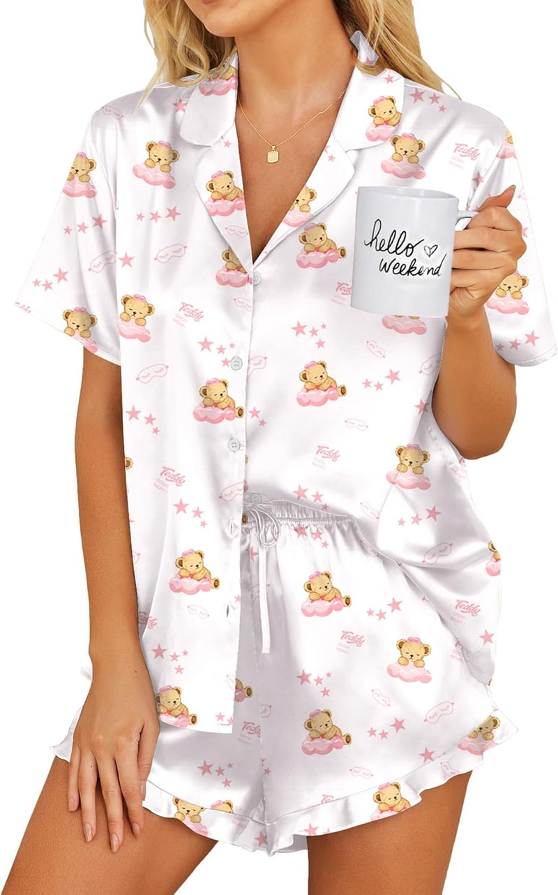 Ekouaer Womens Satin Pajamas Set Button Down 2 Piece Silk Pjs Shorts Set Ruffle Lingerie Notch Collar Sleepwear-61