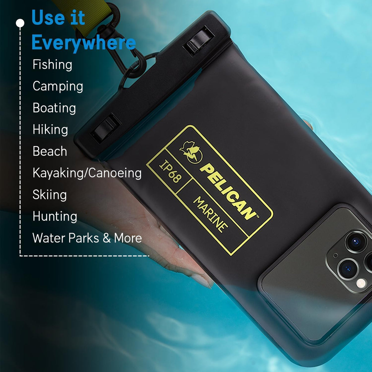 Pelican 2 Pack Marine Waterproof Phone Pouch (Regular) -Black/Hi-Vis Yellow | Touchscreen IP68 Floating Waterproof Phone Case w/Detachable Lanyard - Fits All Phones - Beach Cruise Ship Travel Essentials