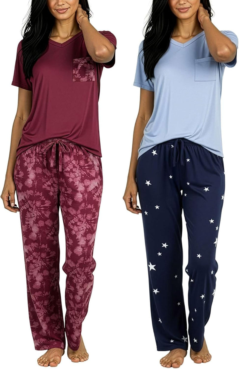 Real Essentials 2 Pack: Women's Comfy Pajama Sets - Short & Long Sleeve Ladies Loungewear Sleepwear PJs (Available In Plus)-30