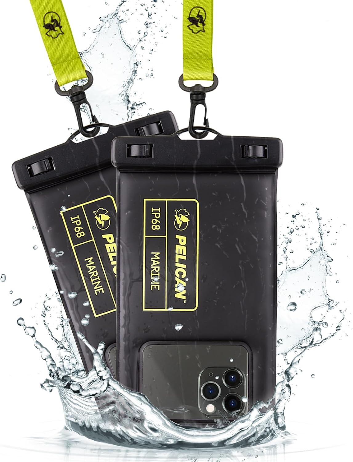 Pelican 2 Pack Marine Waterproof Phone Pouch (Regular) -Black/Hi-Vis Yellow | Touchscreen IP68 Floating Waterproof Phone Case w/Detachable Lanyard - Fits All Phones - Beach Cruise Ship Travel Essentials