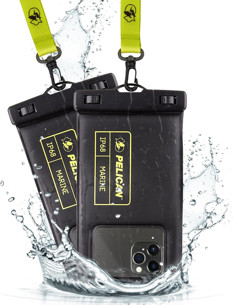 Pelican 2 Pack Marine Waterproof Phone Pouch (Regular) -Black/Hi-Vis Yellow | Touchscreen IP68 Floating Waterproof Phone Case w/Detachable Lanyard - Fits All Phones - Beach Cruise Ship Travel Essentials