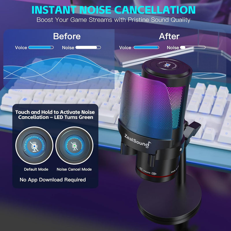 ZealSound Gaming USB Microphone, Noise Cancellation Condenser mic with RGB Light, Touch Mute, Gain, Monitoring for Streaming, Podcast, Twitch, YouTube, Discord, iPhone, iPad, Computer, PS4, PS5, Mac