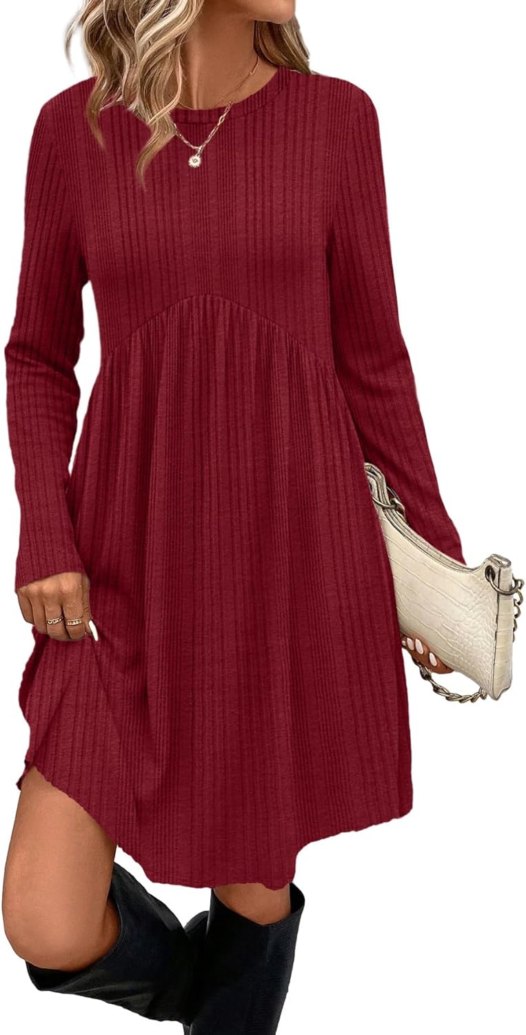 OFEEFAN Long Sleeve Dress for Women Crew Neck Empire Waist Tunic Dress with Pockets-44