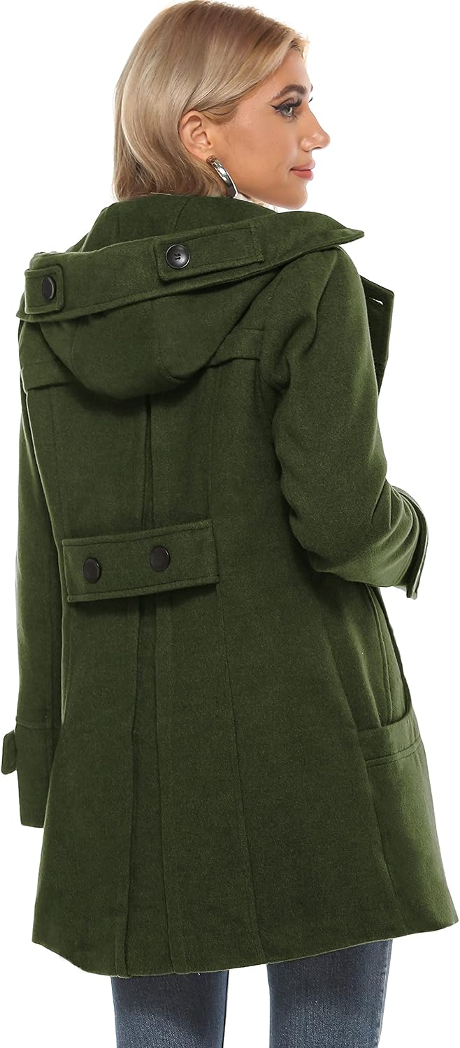 Tanming Women's Hooded Wool Blend Coat Mid Long Peacoats