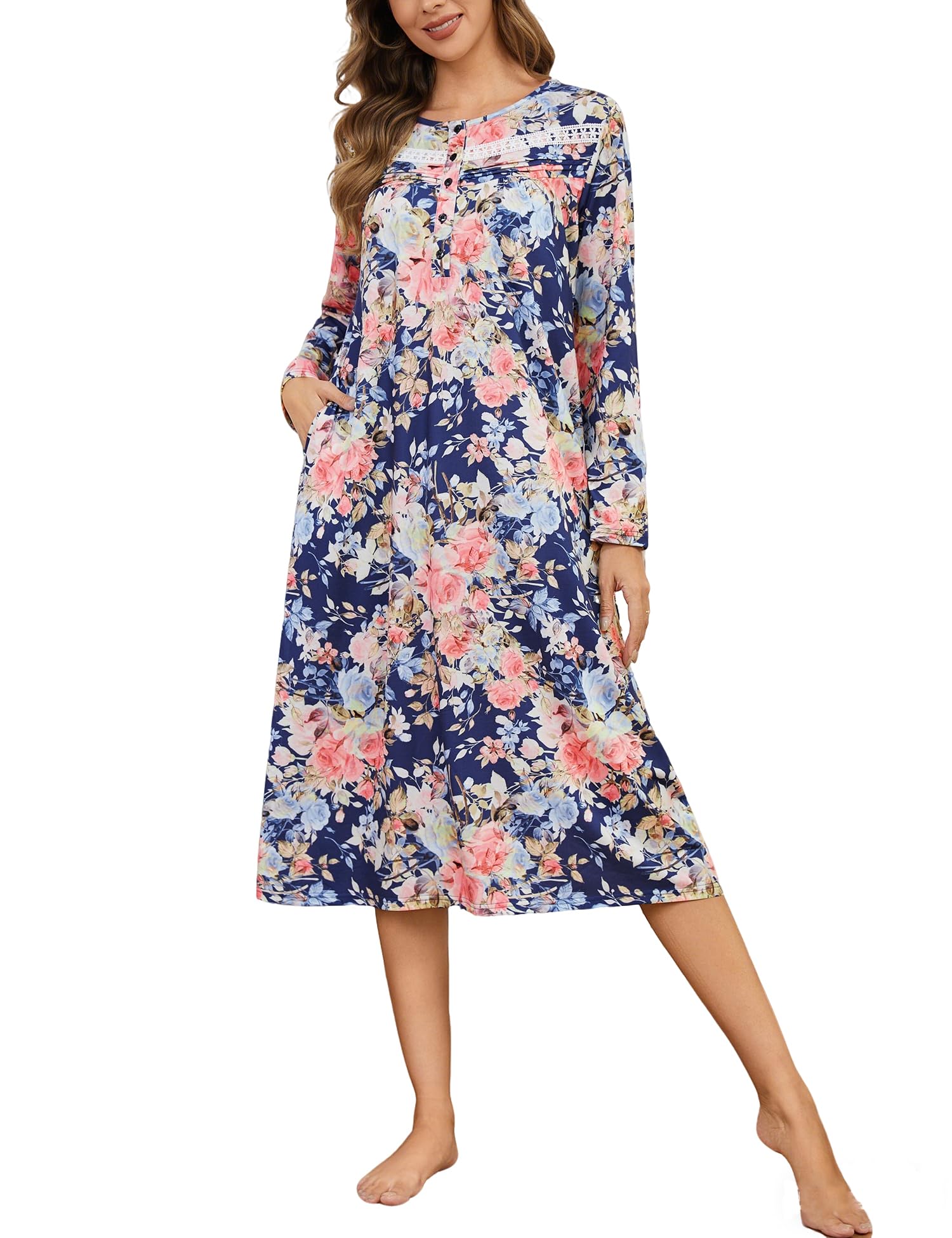 YOZLY Nightgowns for Women Soft Cotton Long Sleeve Night Gwon with Pockets-10