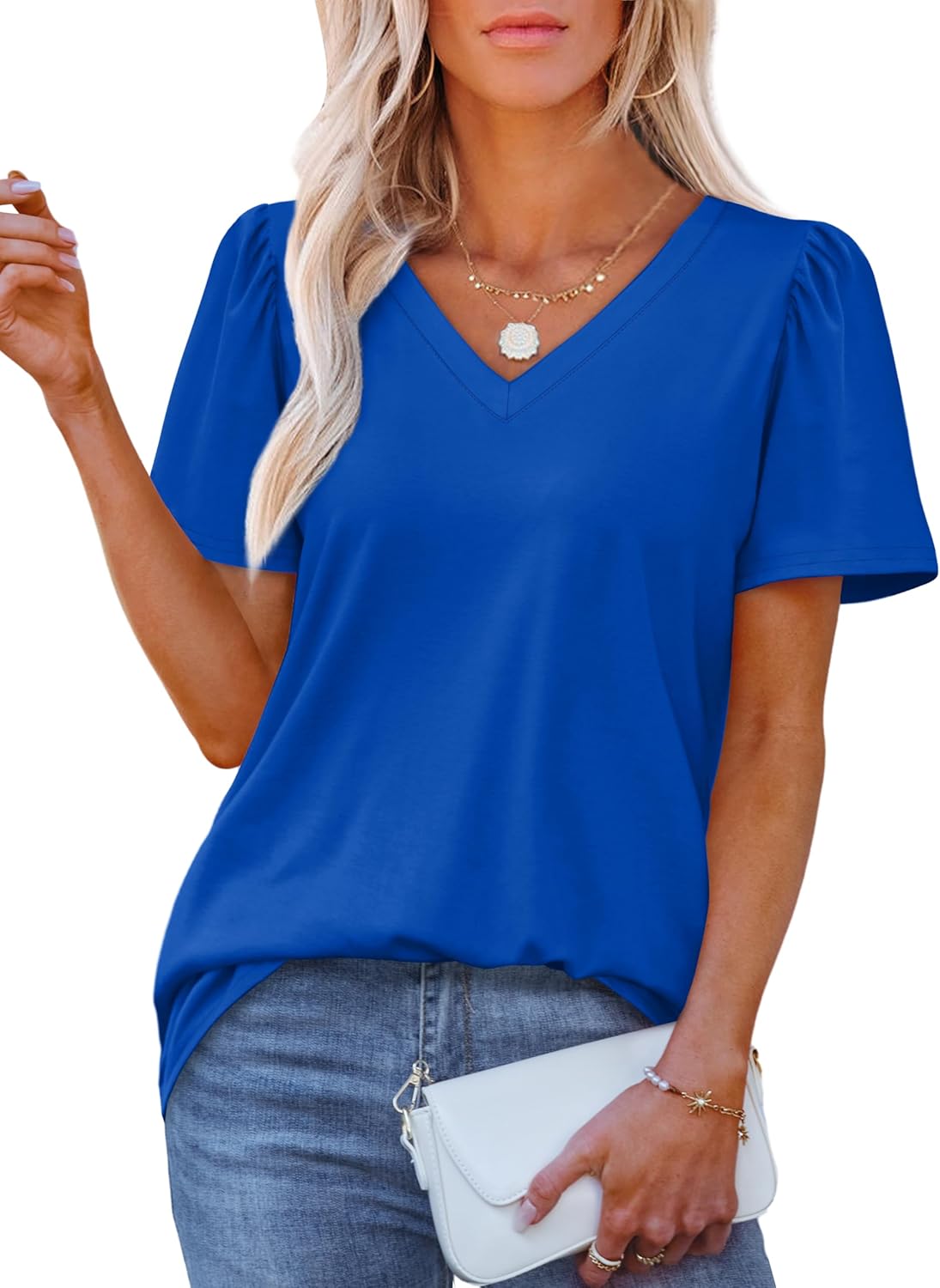 OFEEFAN T Shirts for Women V Neck Dressy Casual Blouses Puff Short Sleeve Summer Tops Loose Fit-39