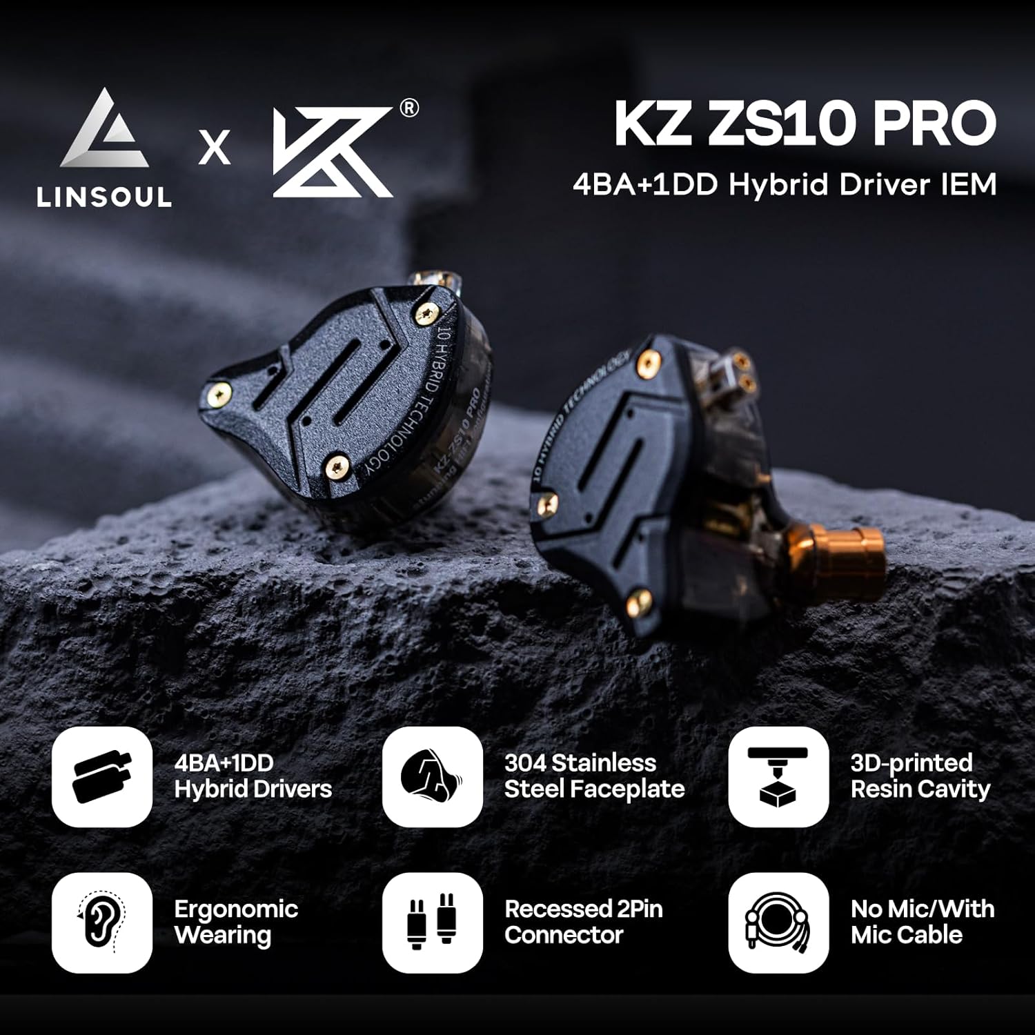 Linsoul KZ ZS10 Pro, 4BA+1DD 5 Driver in Ear Monitor, HiFi Wired Earbuds, Gaming Earbuds, Hybrid IEM Earphones with Stainless Steel Faceplate, Detachable Cable for Musician(with Mic, Dark Black)