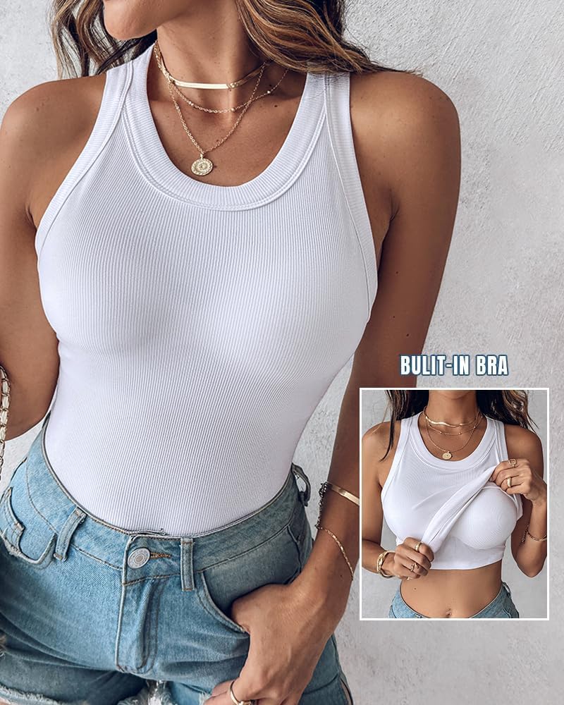 CHICME Women Built-in Bra Tank Tops Sleeveless Casual Shirts Racerback Ribbed Fitted Tank Tops