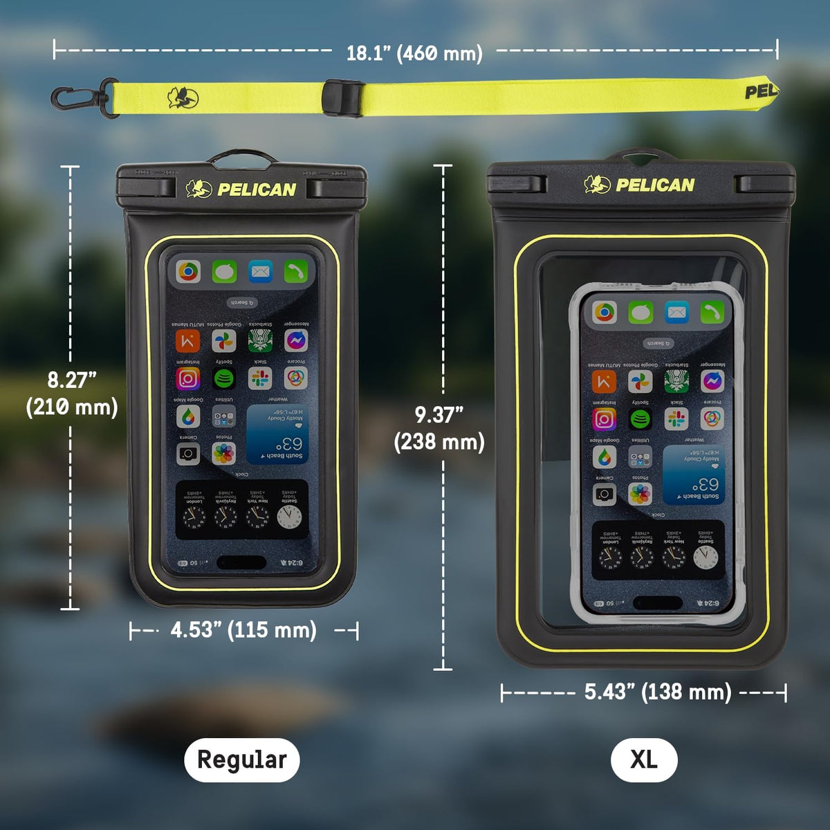 Pelican 2 Pack Marine Waterproof Phone Pouch (Regular) -Black/Hi-Vis Yellow | Touchscreen IP68 Floating Waterproof Phone Case w/Detachable Lanyard - Fits All Phones - Beach Cruise Ship Travel Essentials
