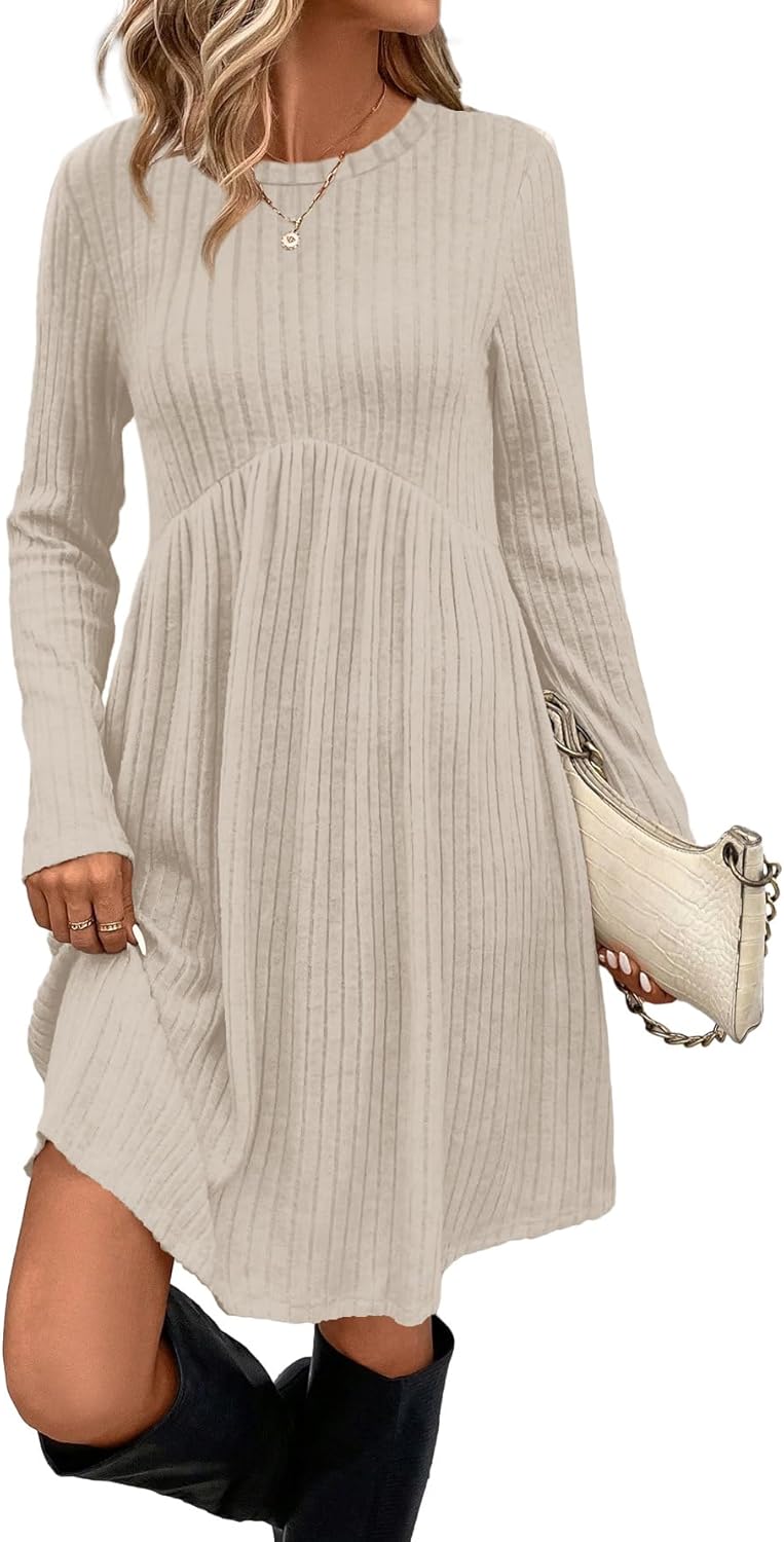 OFEEFAN Long Sleeve Dress for Women Crew Neck Empire Waist Tunic Dress with Pockets-1