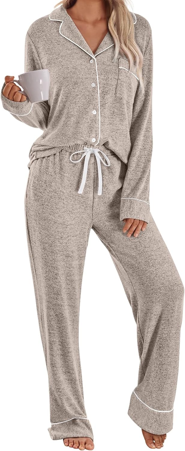 LILLUSORY Women's Long Sleeve Pajama Set - Soft Button-Down Top & Comfortable Drawstring Pants with Pockets-40