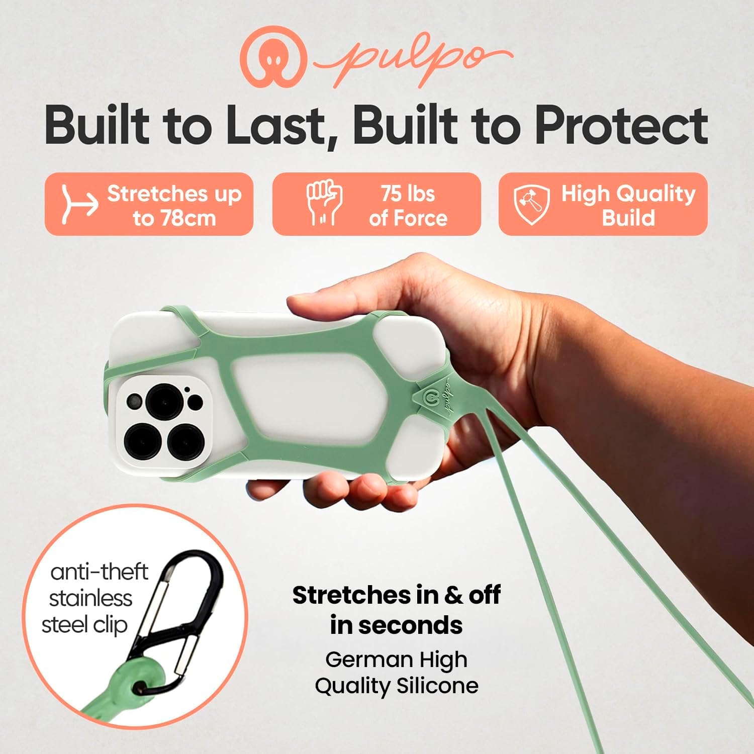 Pulpo Safety Cell Phone Lanyard Green Fits Smartphones 6.1 to 6.8” - Anti Theft Phone Strap for Men & Women, Lanyards for Phones, Hiking Phone Holder & Cellphone Lanyard, Silicone Crossbody Straps