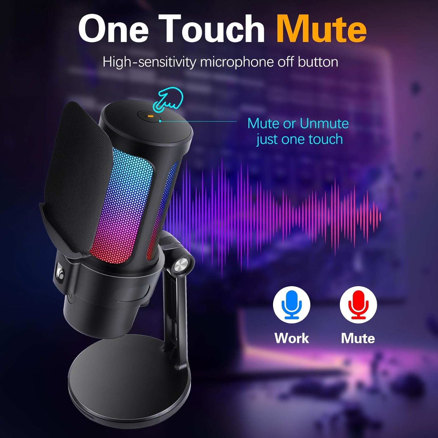 VCOM Gaming USB Microphone, Condenser Dynamic Mic for Podcasting, Streaming, with Quick Mute, Desktop Stand, Pop Filter, RGB Indicator, Shock Mount, Rotate gain Button, Compatible with PS4/5/PC