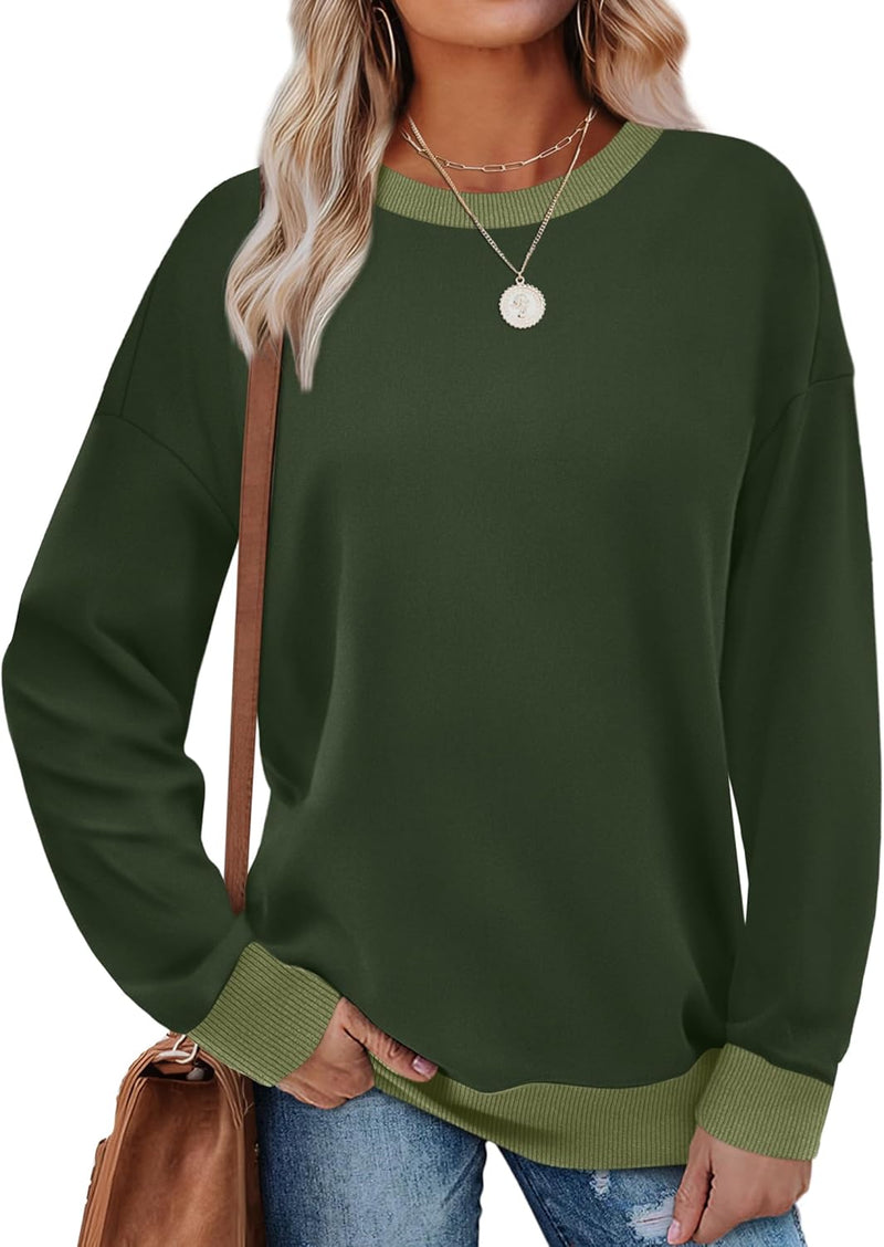 Saloogoe Sweatshirts for Women Crewneck Long Sleeve Loose Fit Tops Color Block Ribbed Trim Fashion 2025-68
