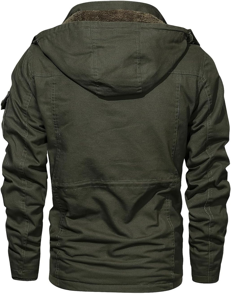 INVACHI Men's Winter Military Jacket, Fleece Lined Hooded Cargo Coat