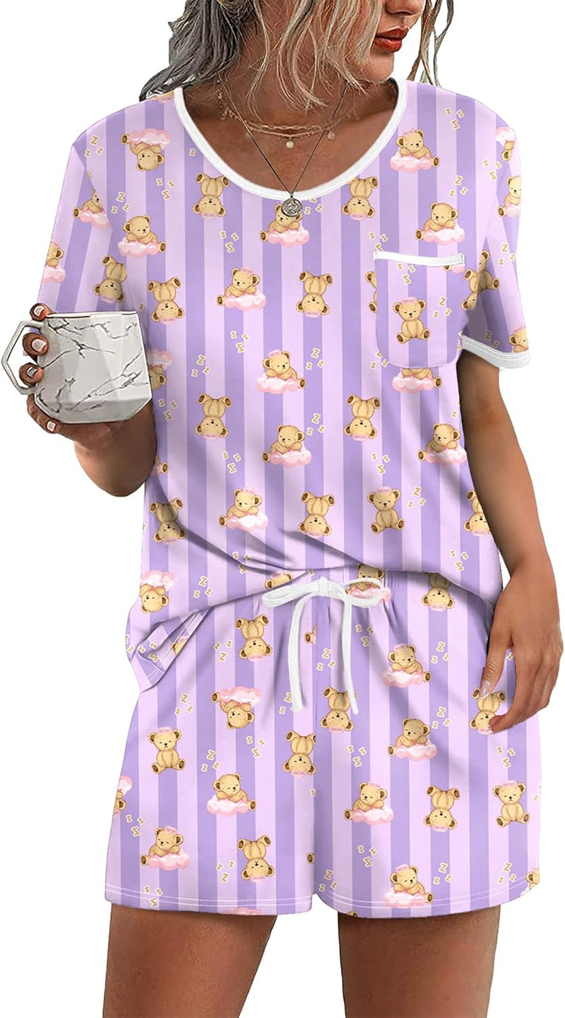 Ekouaer Pajama Set for Women 2 Piece Lounge Set Short Sleeve Tops and Shorts Soft Sleepwear, Chest Pocket-63