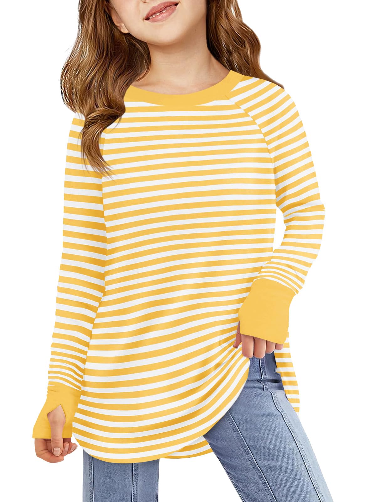 Haloumoning Girls Striped Thumb Hole Long Sleeve Shirts Kids Crewneck Tunic Tops Curved Hem Tees 5-14 Years