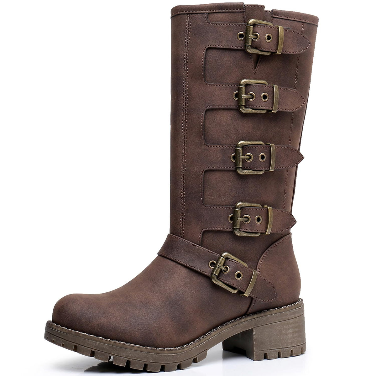 GLOBALWIN Women's Mid Calf Moto Boots With Buckle Straps