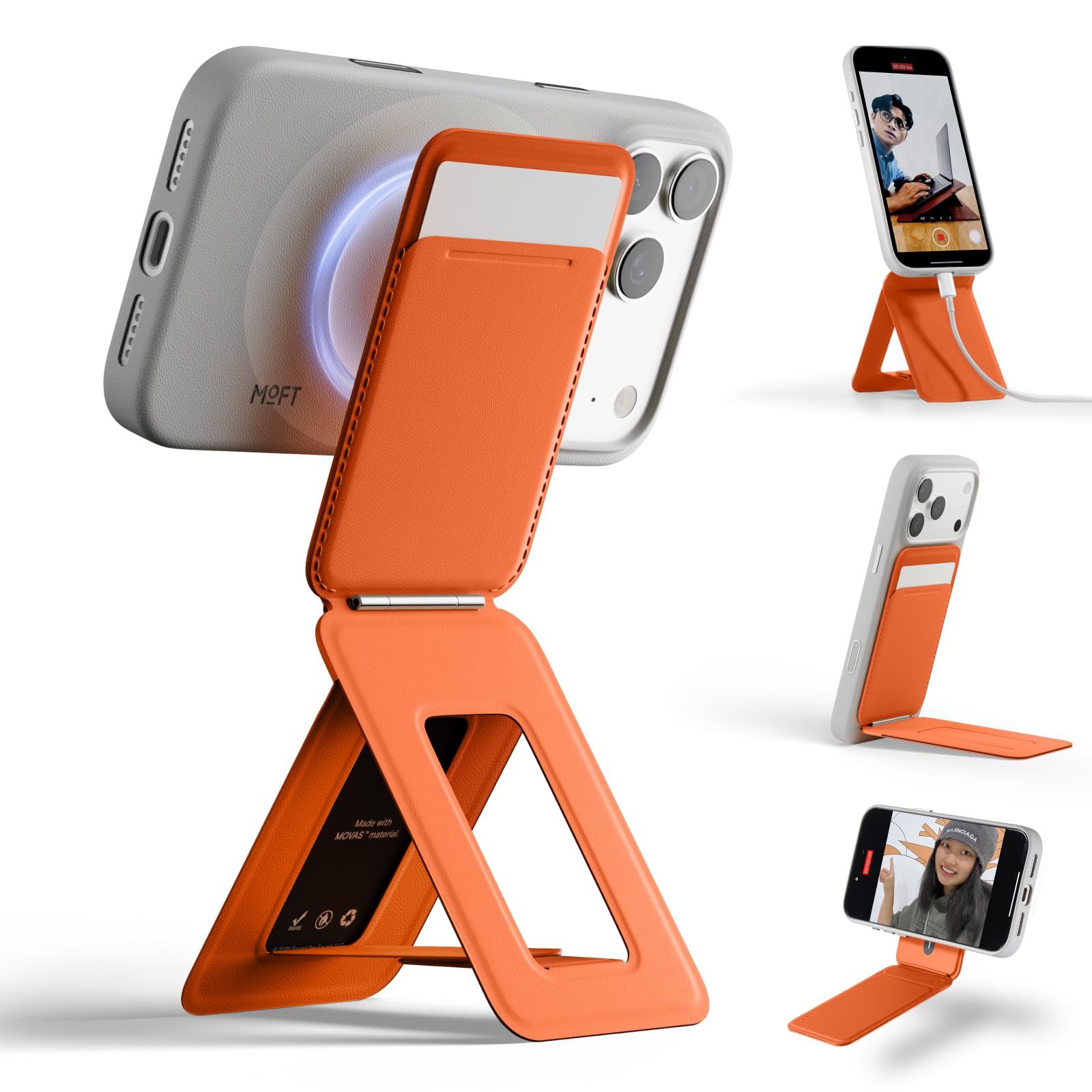 MOFT Phone Tripod Stand Selfie Stick for iPhone, Multi-Angles iPhone Stand, Lightweight & Portable Phone Holder, Strong Magnets, MOVAS Vegan Leather, Travel Essentials, Seafoam (Without Card Slot)