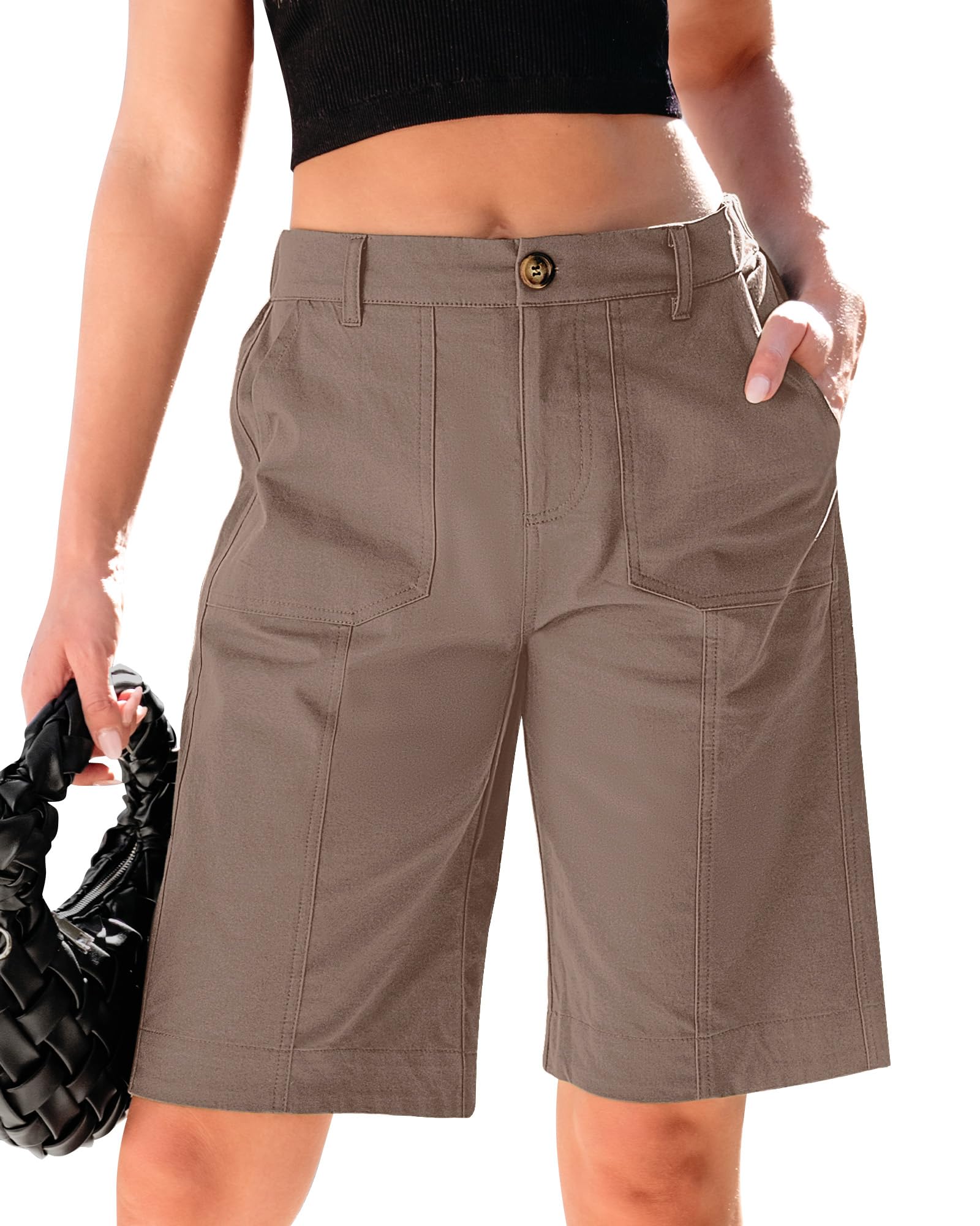 luvamia Bermuda Shorts for Women Knee Length High Waisted Cotton Elastic Waist Summer Dressy Casual Long Chino Shorts