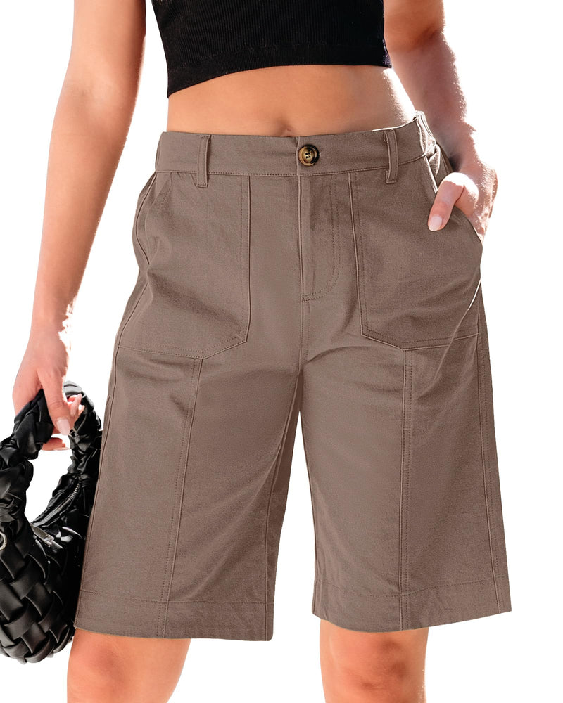 luvamia Bermuda Shorts for Women Knee Length High Waisted Cotton Elastic Waist Summer Dressy Casual Long Chino Shorts