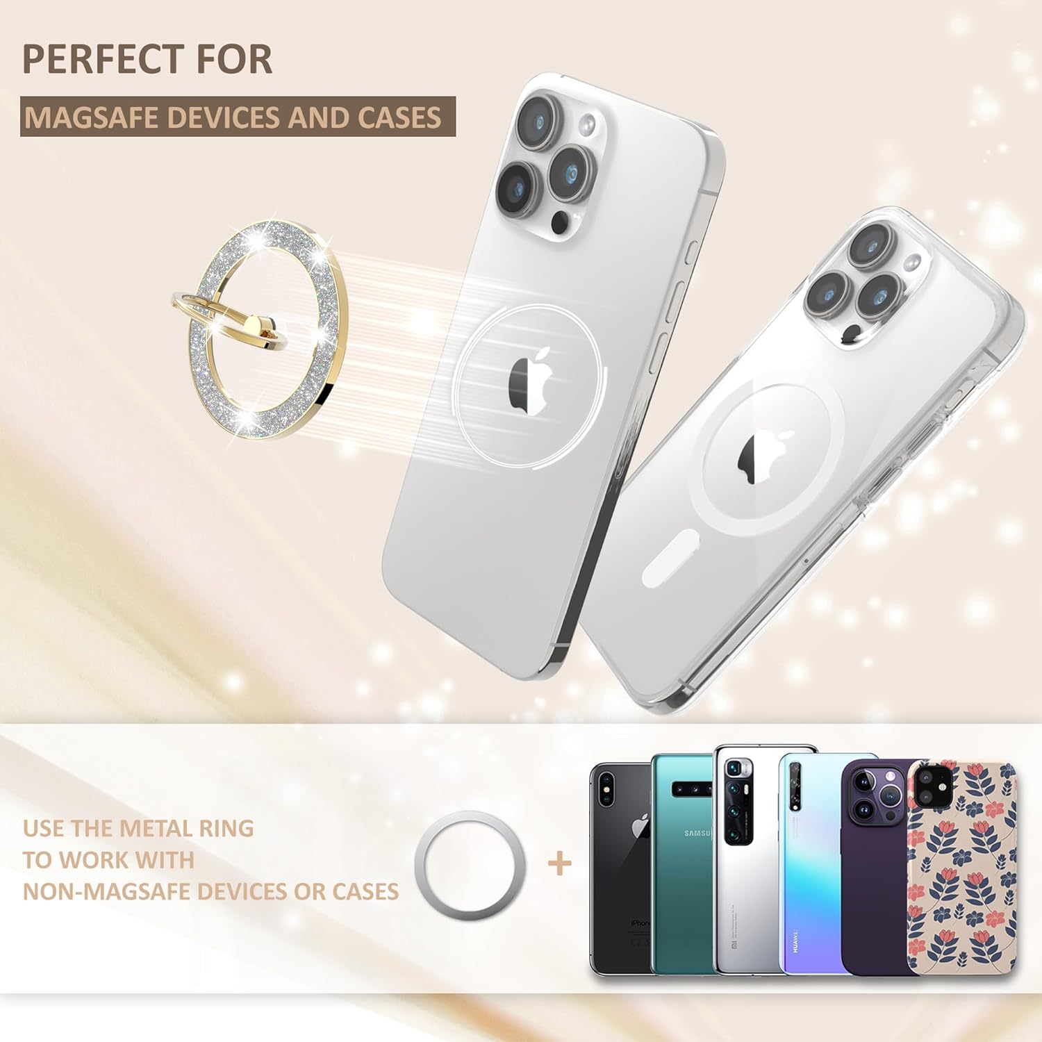Magnetic Phone Ring Holder for MagSafe Cell Phone Grip Stand Finger Ring Stand Compatible with iPhone 17 16 15 14 13 12 Pro Max MagSafe Accessories Android. (Glitter Gold)