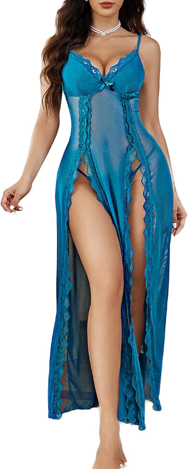 Avidlove Women Lingerie Lace Babydoll Chemise Sexy Mesh Nightdress V Neck Nightwear Side Split Nightgown-28