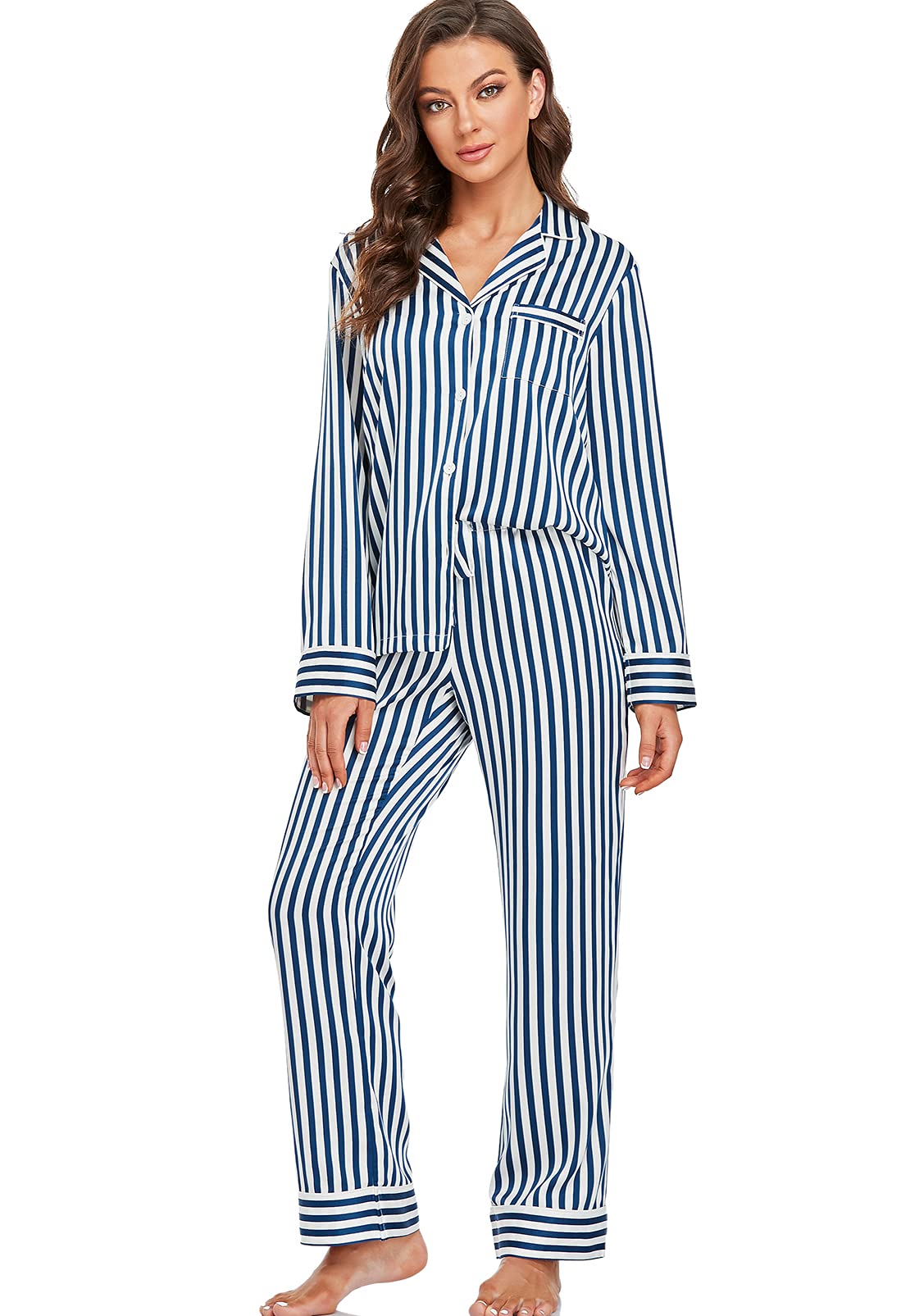 Women's Satin Pajama Set Long Sleeve Button Down Sleepwear 2-Piece Silky Pj Set-53