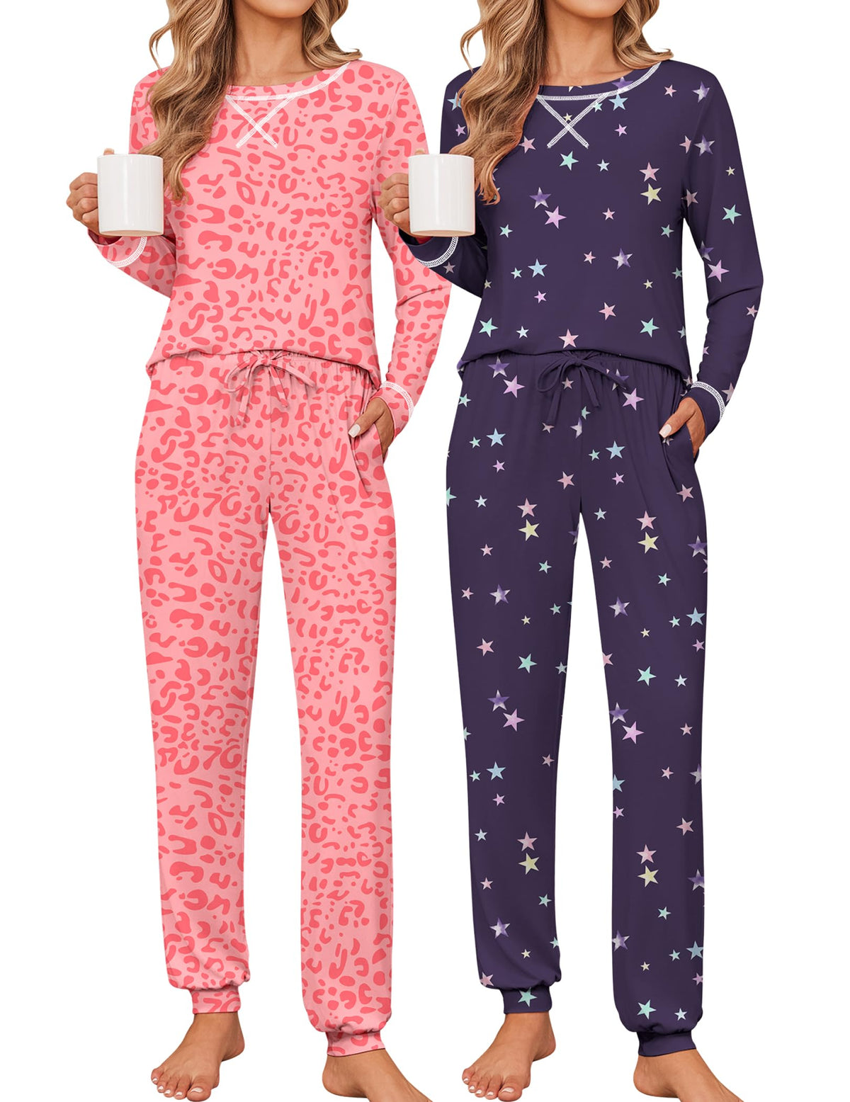 Ekouaer 2 Pack Pajama Sets for Women Long Sleeves Lounge Set Jogger Pants