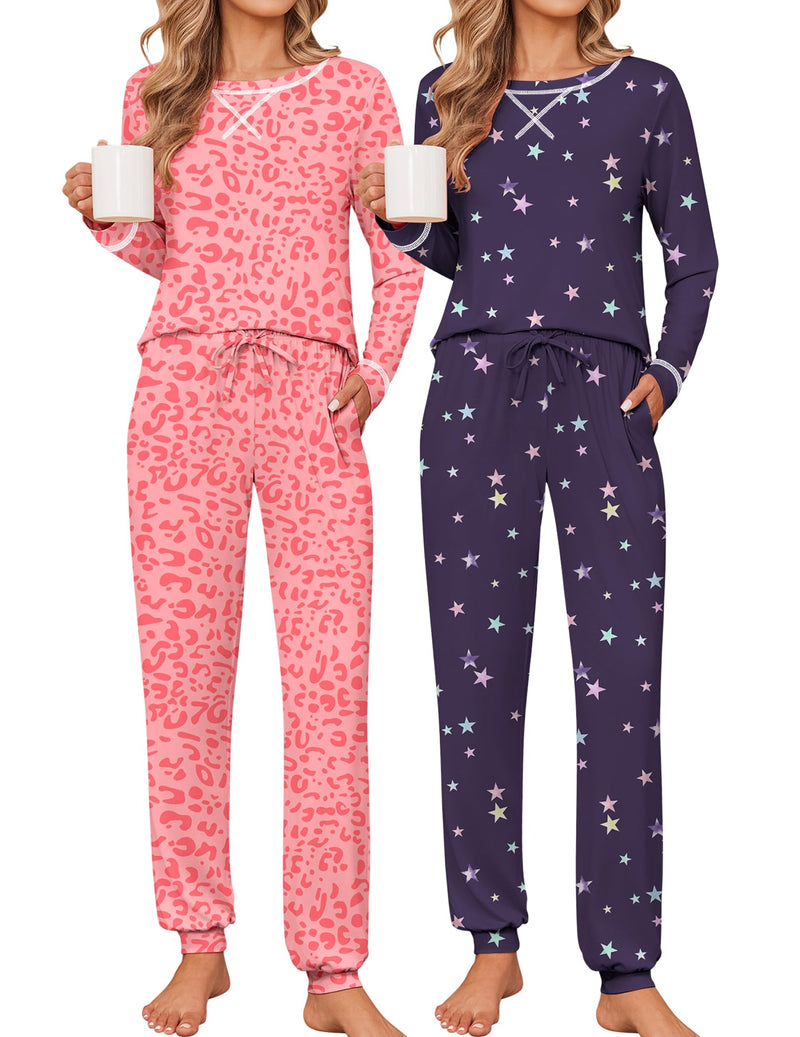 Ekouaer 2 Pack Pajama Sets for Women Long Sleeves Lounge Set Jogger Pants