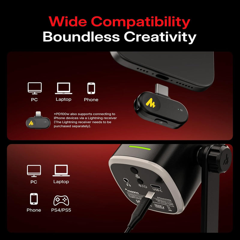 MAONO PD100W USB Wireless Microphone for PC, Gaming Streaming Dynamic Mic with One-Click Noise Reduction,Mute Button,Custom RGB, 3.5mm Headphone Jack, Desktop Podcasting Mic for Computer Phone, Black