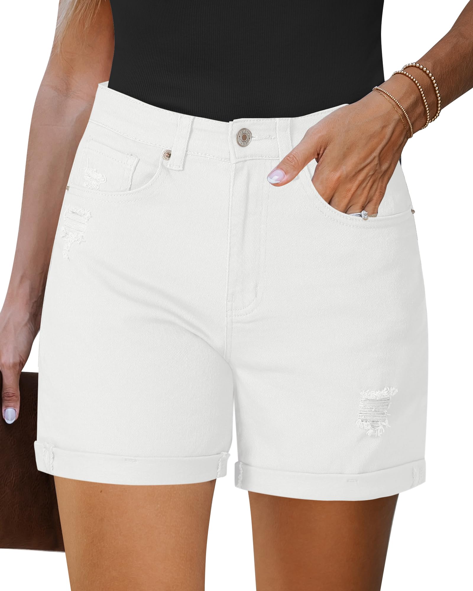 LookbookStore Jean Shorts Womens Stretchy High Waisted Ripped Denim Shorts with Pockets Trendy Distressed Cut Off Shorts