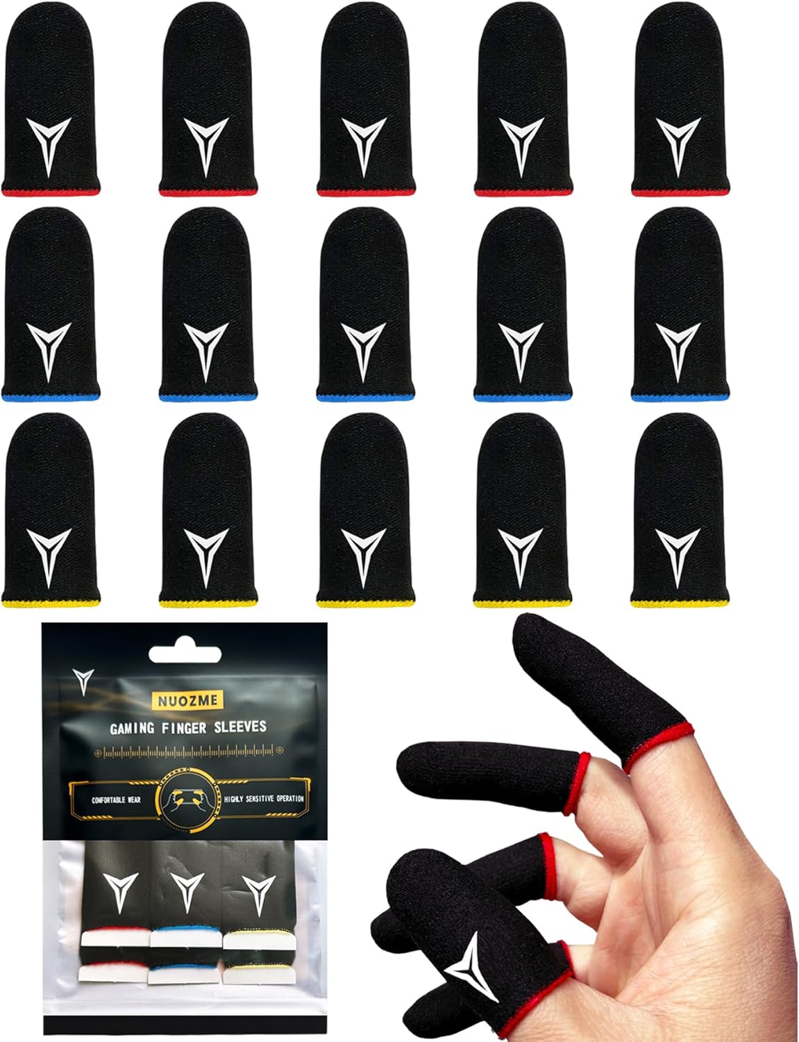 15 Pack 3 Colors E-Sports Light Model Gaming Finger Sleeves, 0.15mm Superconducting Nanofibers, Smooth Feel, Anti-Sweat, Extremely Thin, Fit All Touchscreen Devices