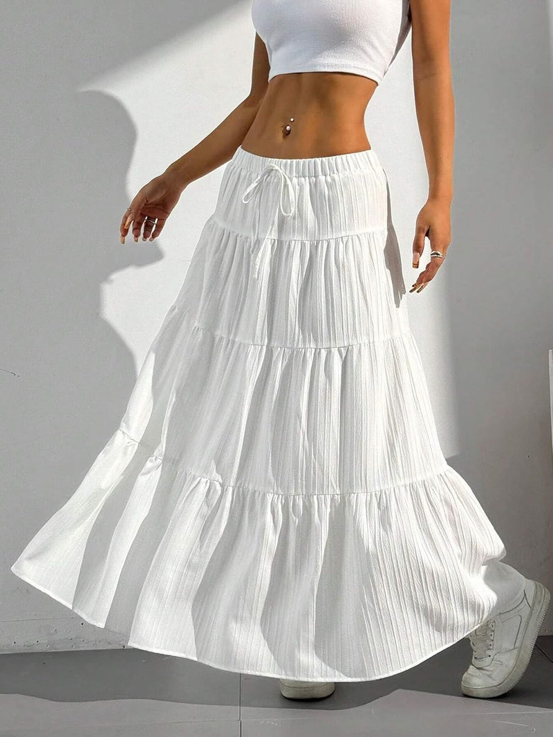 Maxi Skirts for Women Ruffle Hem A Line Long Skirts Elastic Waist Elegant Tiered Layer Boho Long Dress