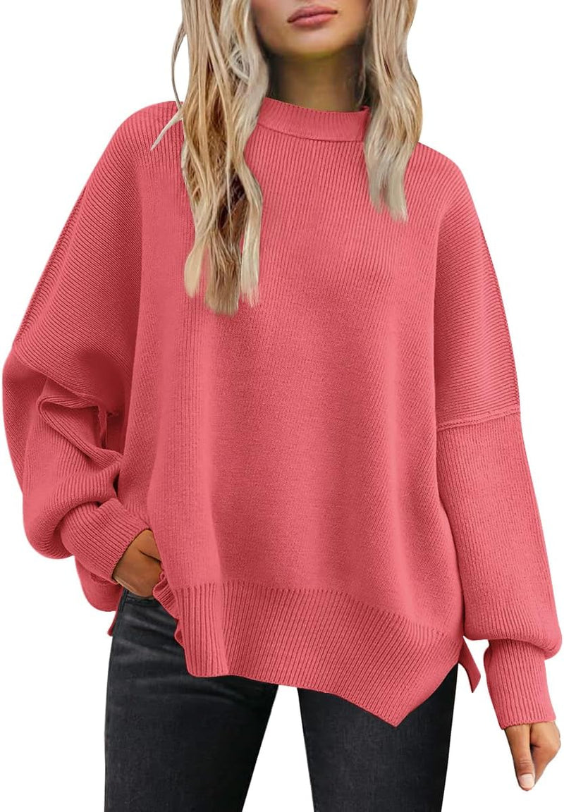 LILLUSORY Women's Oversized Batwing Sweaters 2025 Fall Outfits Trendy Crewneck Knit Side Slit Fashion Pullover Tops-88
