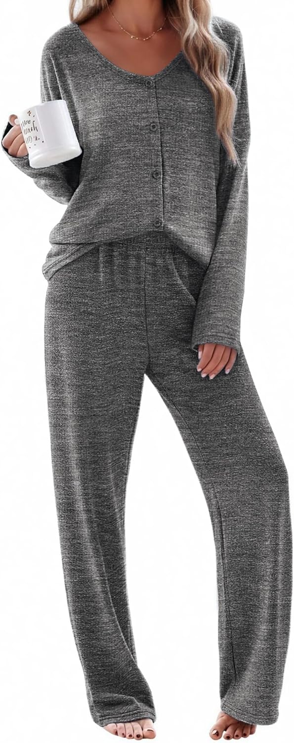 Ekouaer Womens Pajama Sets Button Up Long Sleeve Pjs Soft Lounge Set 2 Piece Sleepwear with Pockets-14