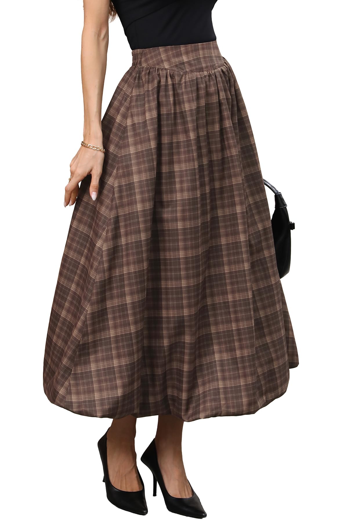 ELLEVEN Women's Bubble Maxi Skirt, Elastic Waist Puffy Hem A-Line Skirt with Pockets