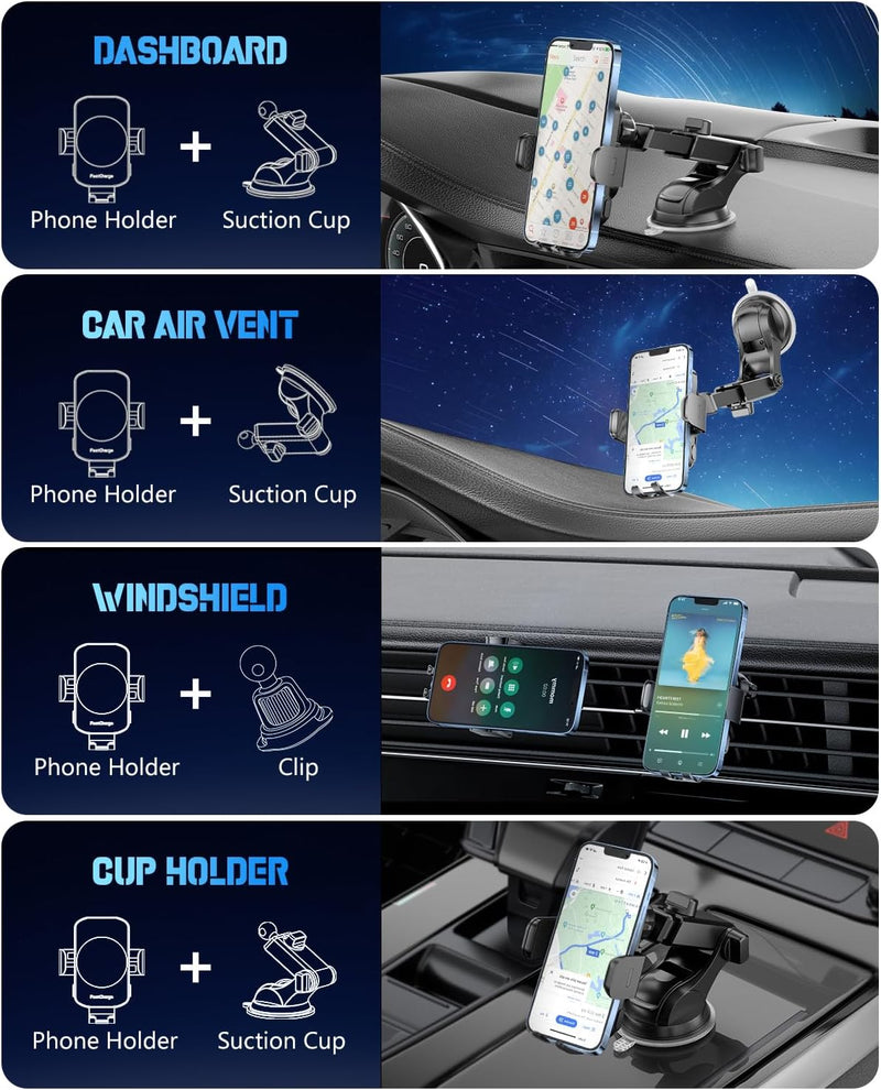 Wireless Car Charger, Fast Charging Phone Holder 3 in 1 Phone Mount Auto Clamping Car Accessories Compatible with iPhone 16 15 14 13 12 11 Xs XR, Samsung S23 Ultra S22 S21 S20/S10+ S9(Midnight Black)