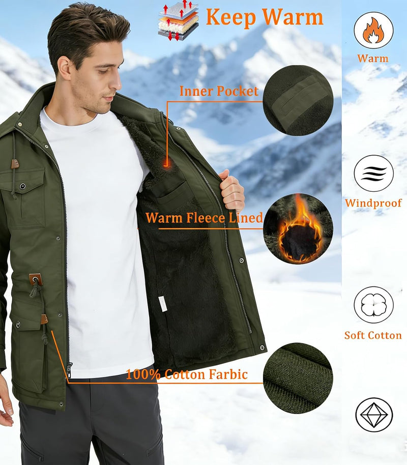 INVACHI Men's Winter Military Jacket, Fleece Lined Hooded Cargo Coat
