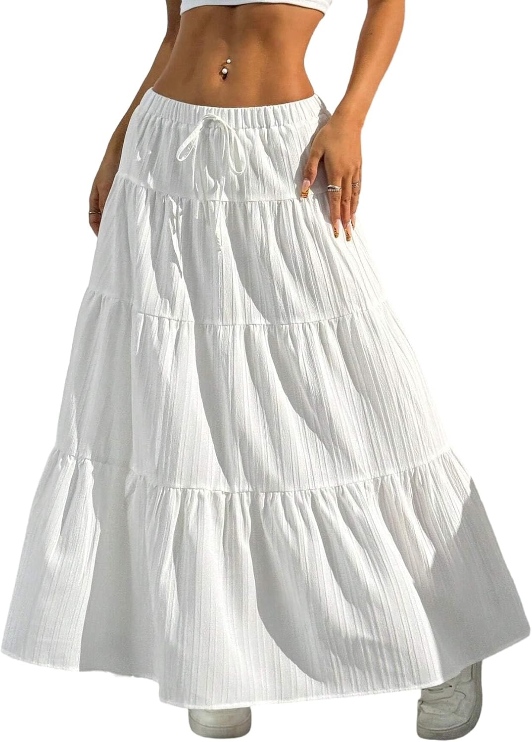 Maxi Skirts for Women Ruffle Hem A Line Long Skirts Elastic Waist Elegant Tiered Layer Boho Long Dress