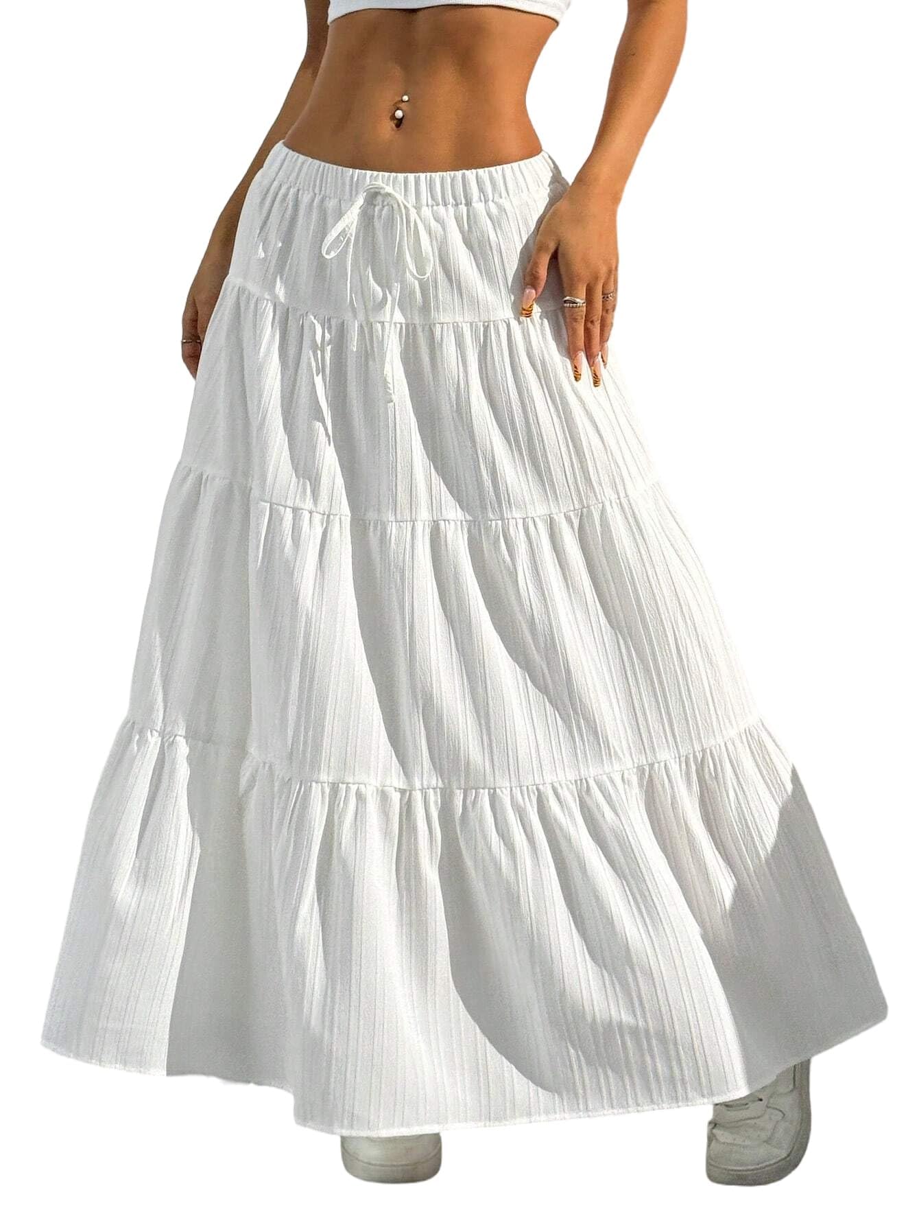 Maxi Skirts for Women Ruffle Hem A Line Long Skirts Elastic Waist Elegant Tiered Layer Boho Long Dress