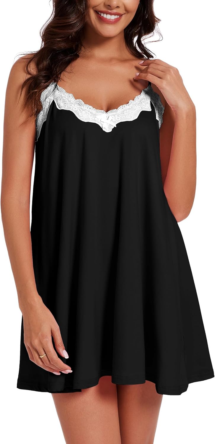 Nightgowns for Women Sexy Lace Sleepwear V Neck Short Night Gowns Sleeveless Chemise Nighty-14