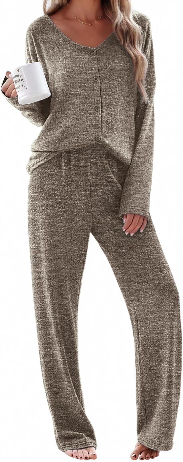 Ekouaer Womens Pajama Sets Button Up Long Sleeve Pjs Soft Lounge Set 2 Piece Sleepwear with Pockets-25