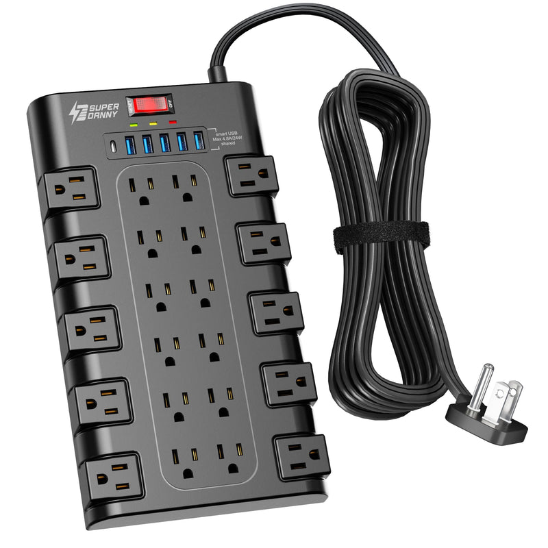 Power Strip, SUPERDANNY Surge Protector with 22 AC Outlets and 6 USB Charging Ports, 1875W/15A, 2100 Joules, 6.5Ft Flat Plug Heavy Duty Extension Cord for Home, Office, Dorm, Gaming Room, Black