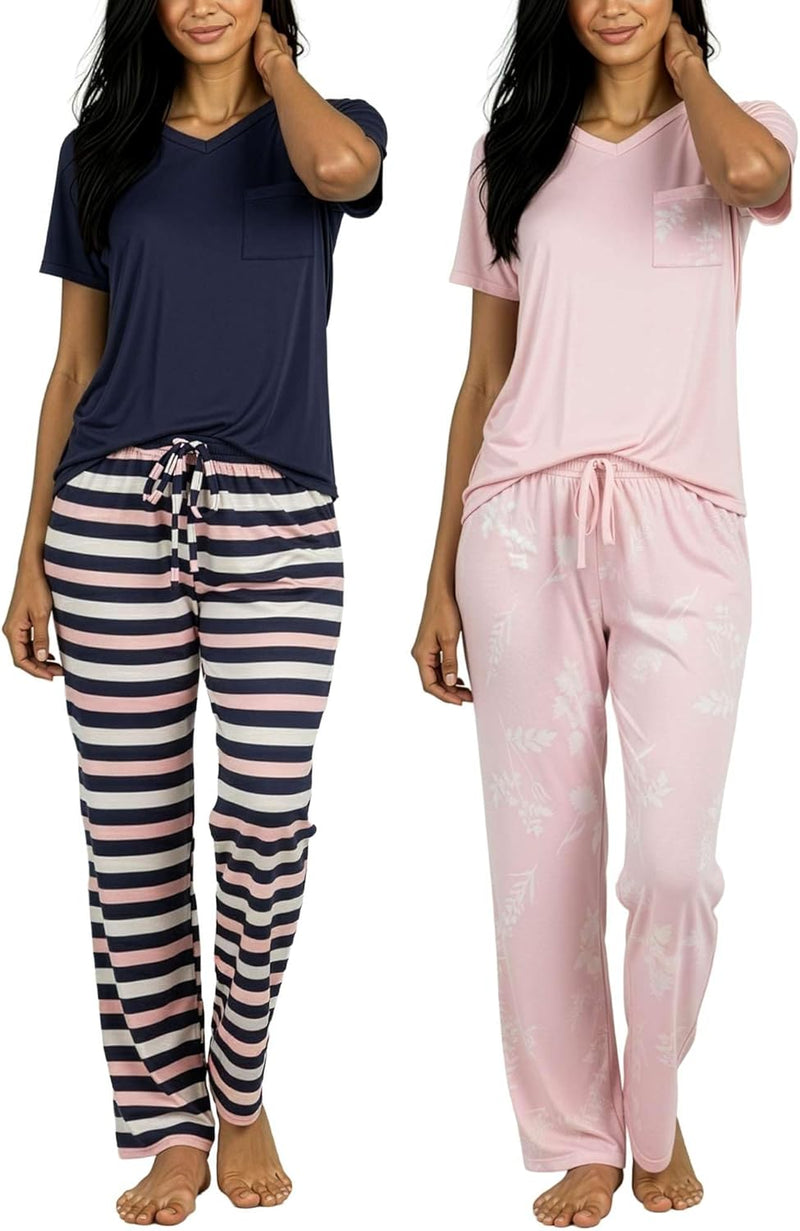 Real Essentials 2 Pack: Women's Comfy Pajama Sets - Short & Long Sleeve Ladies Loungewear Sleepwear PJs (Available In Plus)-79