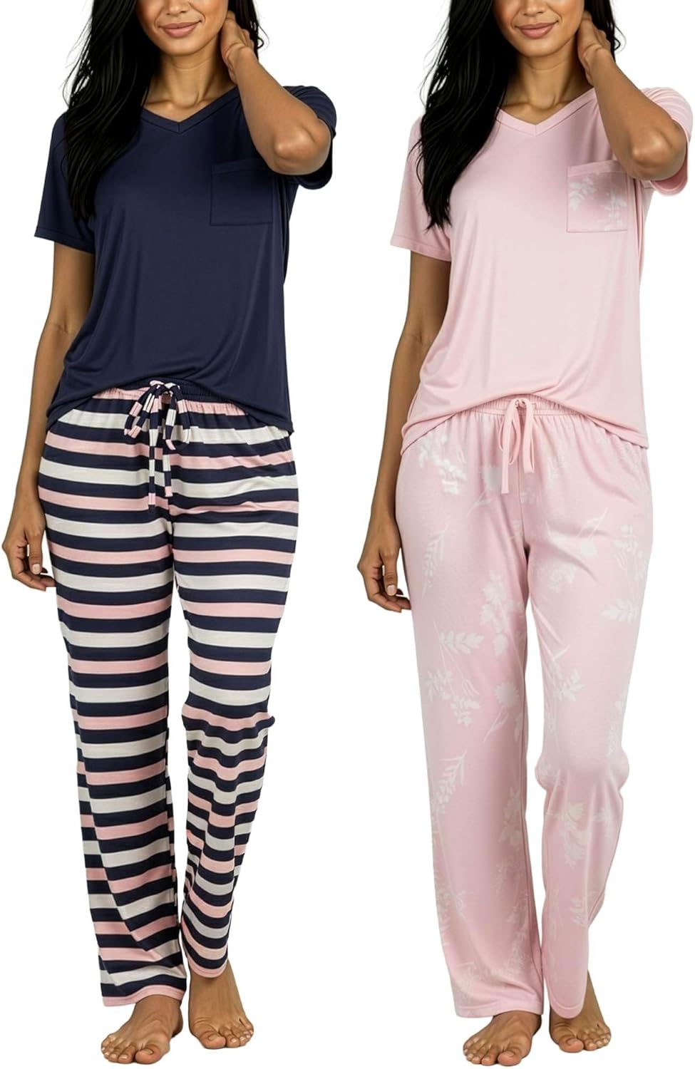 Real Essentials 2 Pack: Women's Comfy Pajama Sets - Short & Long Sleeve Ladies Loungewear Sleepwear PJs (Available In Plus)-66